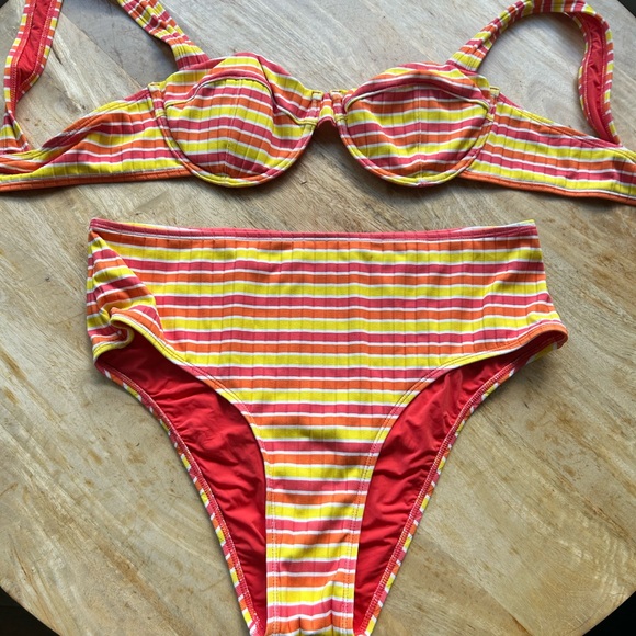 Solid and Striped Yellow and Pink Bikini Set - Picture 2 of 4